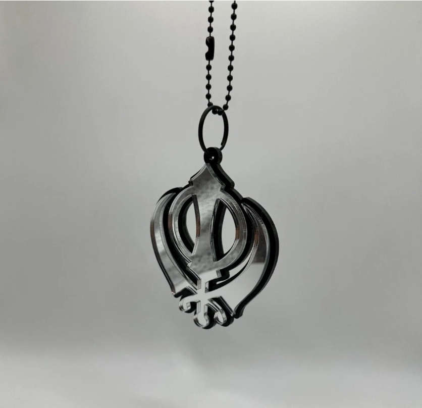 Acrylic Punjabi Sikh Car Rear View Mirror Hanging Charm Pendant - Chrome Silver