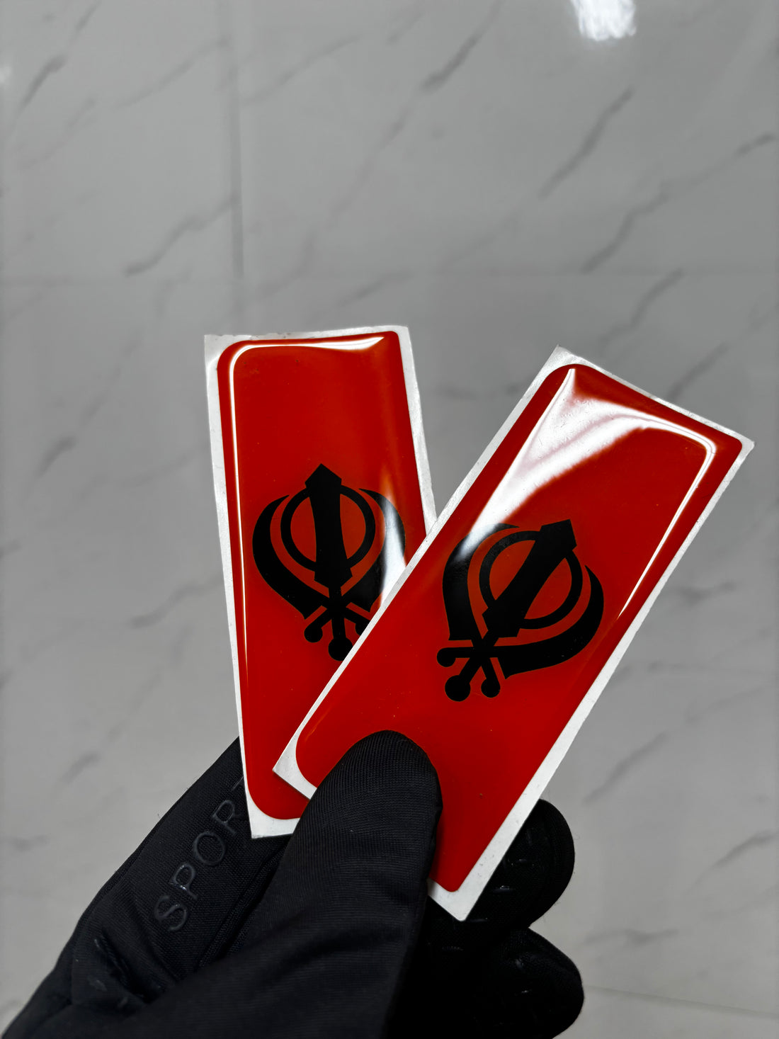 2x 3D Gel Resin License Number Plate Black Khanda with Orange Background Side Badge